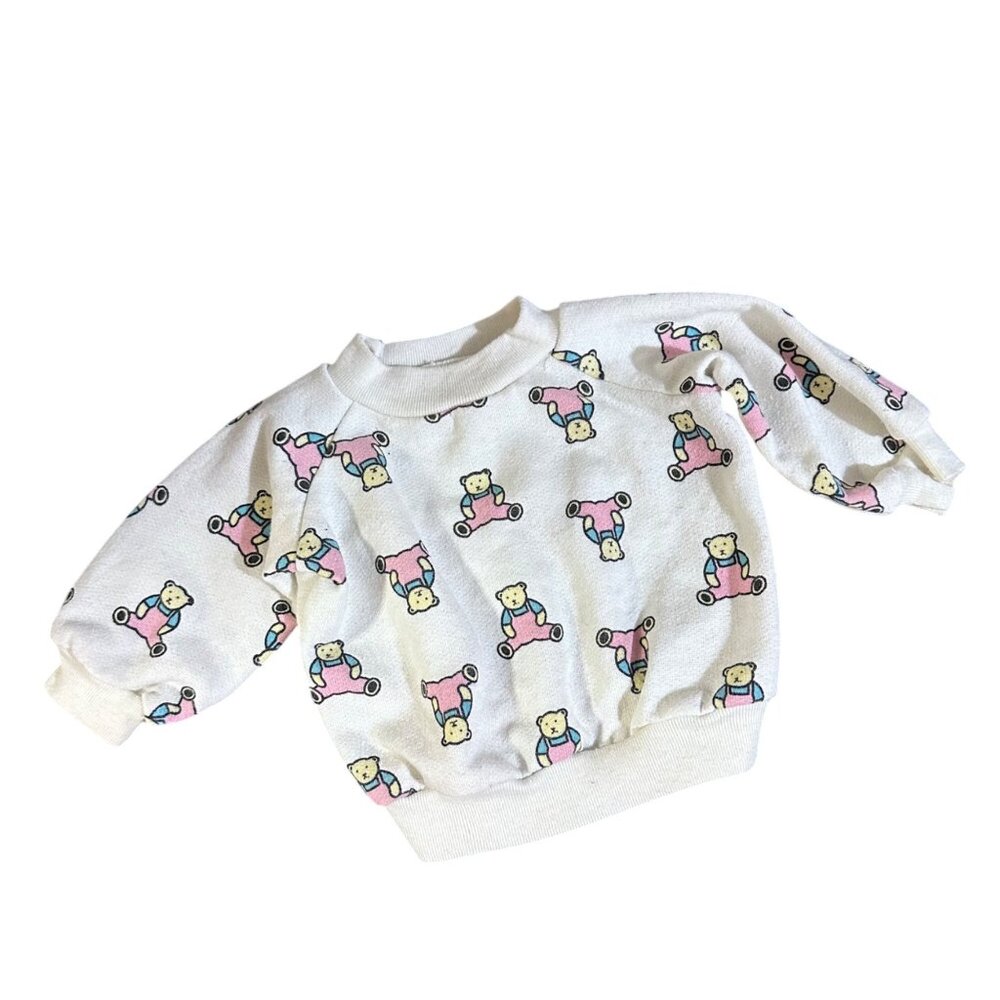 Vintage Baby Sweater With Bear Print - 80s White Cotton Blend Pullover - Picture 2 of 9